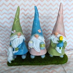 New - 3 Spring Gnomes with faux grass base - 11" wide x 10" high